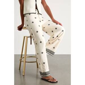 Lulus Elwen Cream And Black Linen Embroidered High-rise Pants White - Size L
